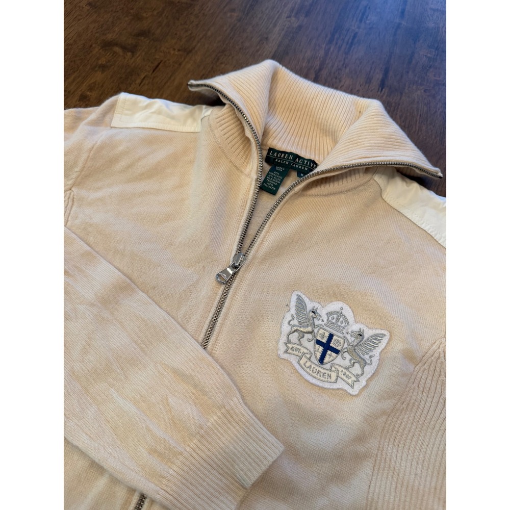 Lauren Active Ralph Lauren Cream Merino Wool Full Zip Crest Sweater Cream Medium
